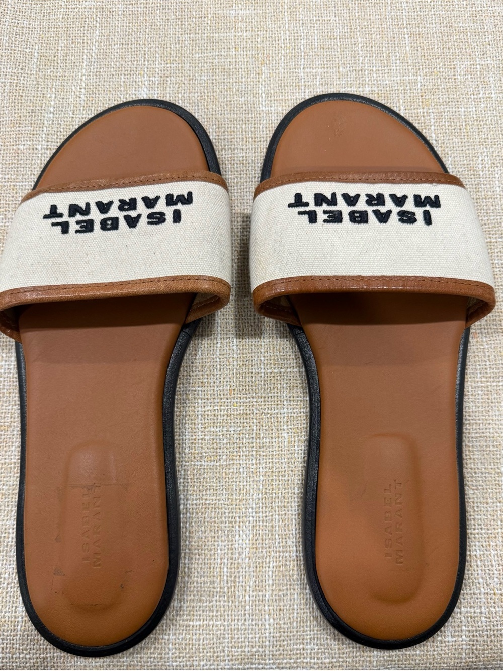 Isabel Marant Tan & Cream Logo Slide Sandals